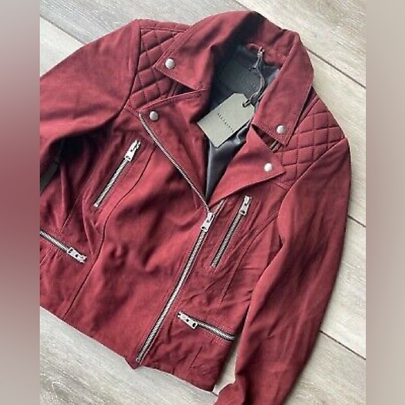 All Saints Suede Biker Jacket Burgundy - Picture 2 of 5